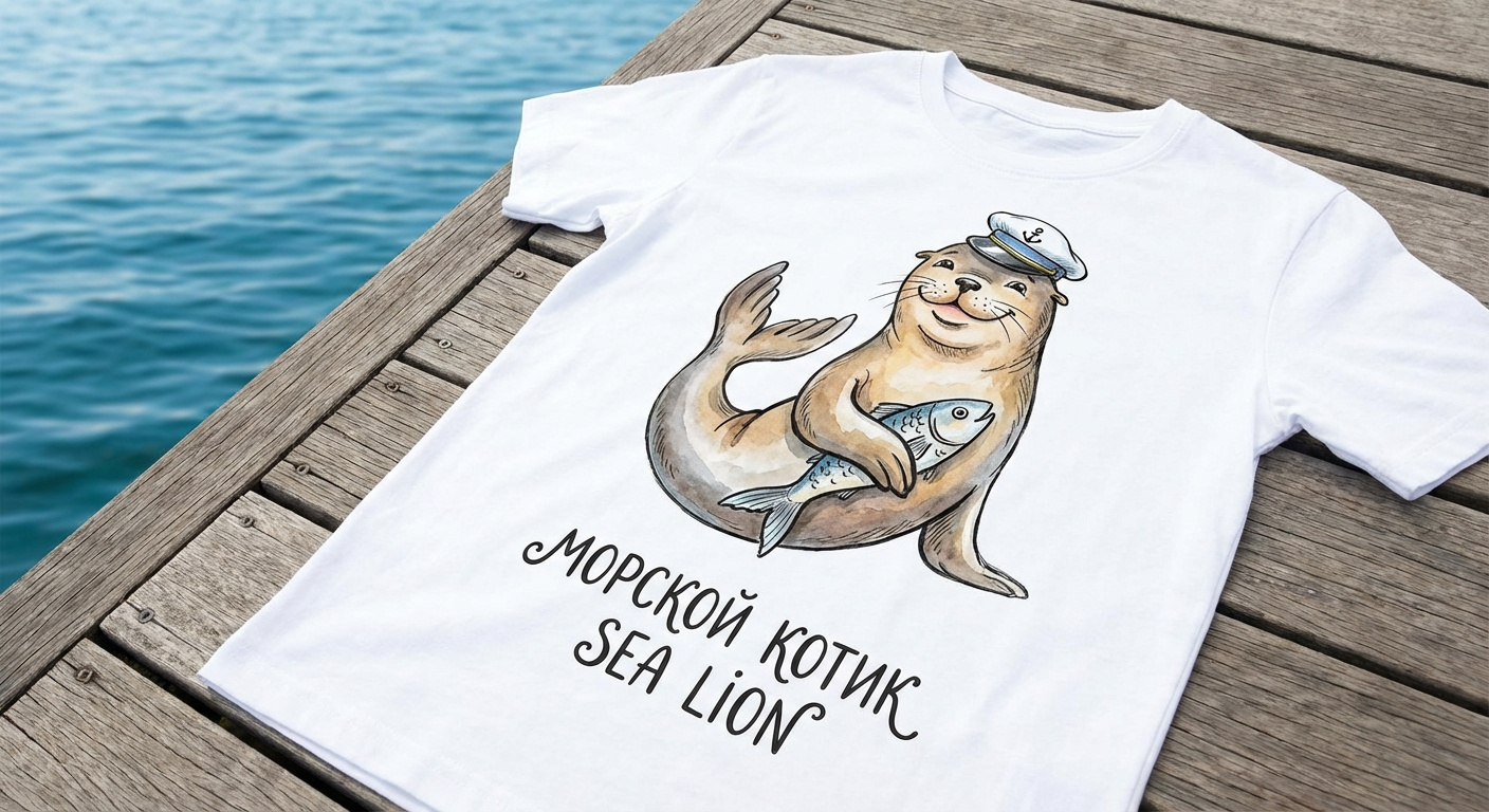 Футболка белая с рисунком, морским котиком