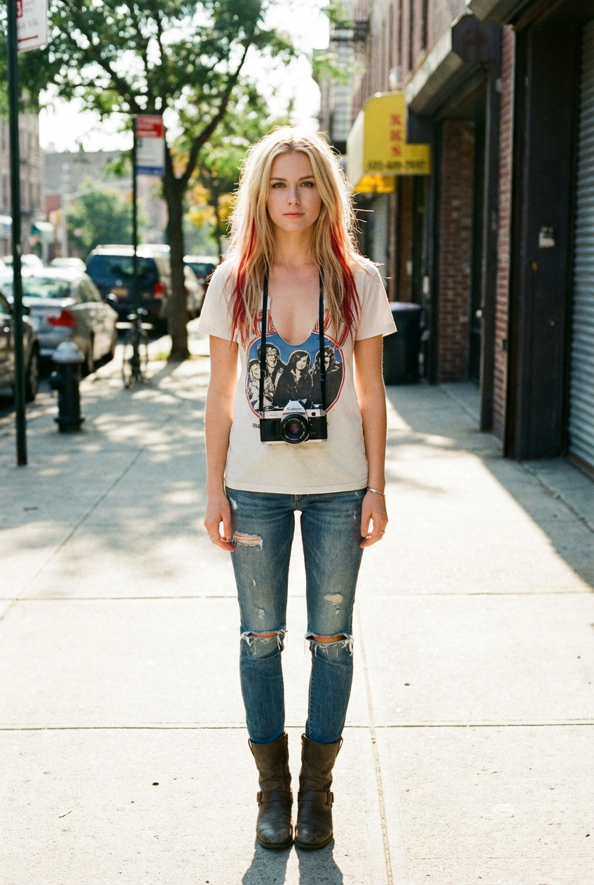 Милая блондинка с прядями красного цвета, она фото модель, в футболке с большим вырезом, сниок на canon В полный рост...